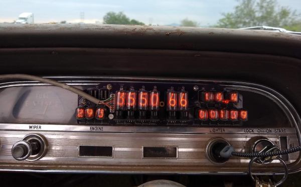 Closeup of the car dash with nixie tubes