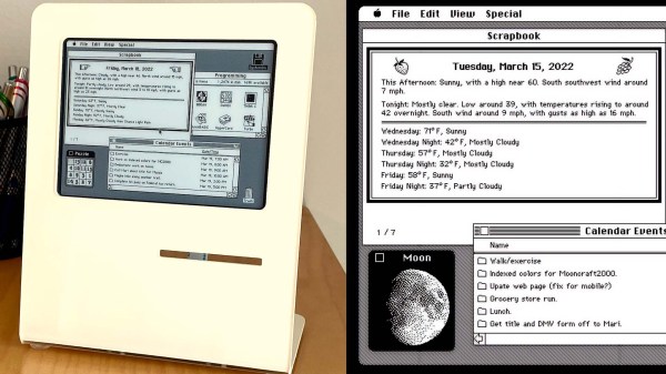 A Macintosh-inspired desk ornament, next to a sceenshot of a classic Macintosh computer desktop
