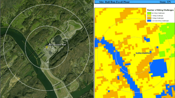 Overhead satellite view of a coal-fired power plant next to a heat map showing the suitability of terrain in the region for siting a nuclear power plant