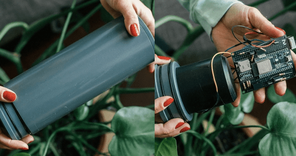 A two picture montage with the left montage showing a pair of hands holding an assembled and closed turbidity sensor and the right picture showing A pair of hands holding the screw on cap for the turbidity sensor and a prototype board against a backdrop of green leave