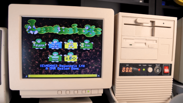 A miniature 486 desktop PC running Lemmings