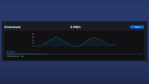 A graph of download speeds is shown, with two triangular spikes and declines. Above the graph, the label “8 MB/s” is shown.