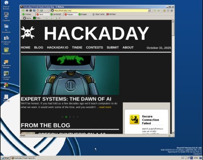A Windows-style ReactOS desktop with a web browser showing Hackaday