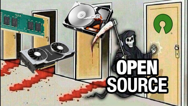 A grim reaper knocking on a door labelled "open source"