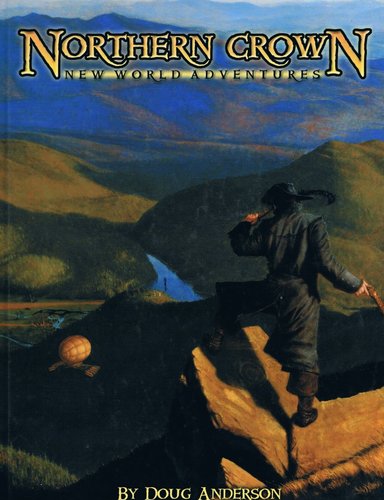 A Uropan explorer surveys an airship in the valley below through a spyglass.