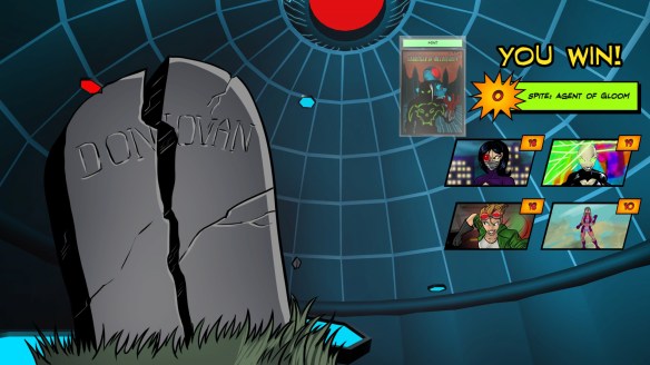 The victory screen against Spite, Agent of Gloom, showing a tombstone, cracked vertically.