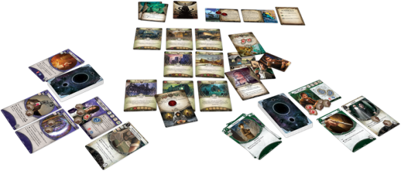 A sample layout of Arkham Horror: The Card Game shows two investigators' tableaus and the locations they will explore.