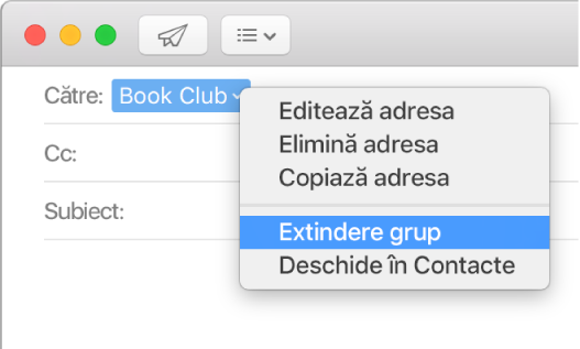 Un e-mail care prezintă un grup în câmpul Către și meniul pop-up indicând comanda Extindere grup.