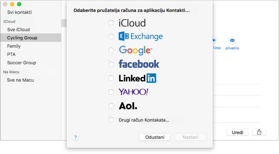 Prozor za dodavanje internetskih računa u aplikaciju Kontakti.