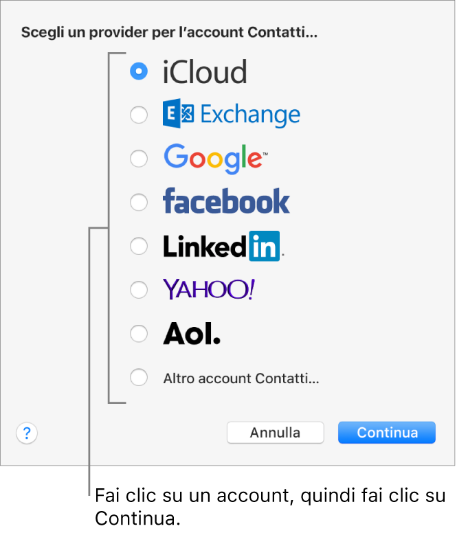 La finestra per aggiungere gli account Internet all'app Contatti.