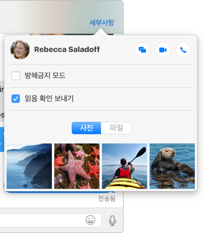 오른쪽 상단 모서리에 화면 공유, 비디오 및 오디오 버튼이 있는 세부사항 보기.