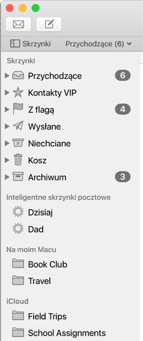 Pasek boczny w Mail z widocznymi standardowymi skrzynkami pocztowymi (takimi jak Przychodzące, Robocze itd.) na górze paska bocznego, oraz skrzynki pocztowe utworzone w sekcji Na moim Macu, a także sekcja iCloud.