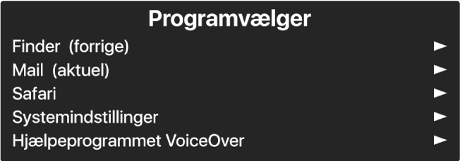 Programvælgeren er et vindue, som viser de programmer, der er åbne i øjeblikket. Til højre for hvert emne på listen er en pil.