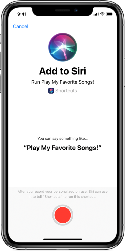 Skærmen Føj til Siri med optag-knap.