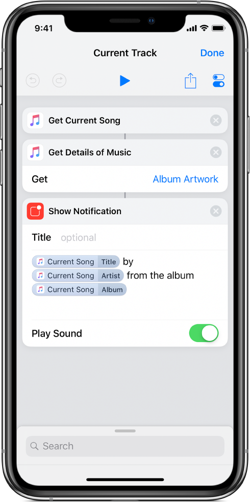 Czynność Pokaż powiadomienie w edytorze skrótów, wyświetlająca alert z informacją o aktualnie odtwarzanym utworze w iTunes.