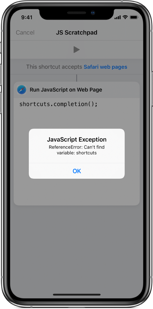 JavaScript İstisna hata mesajının gösterildiği kestirme düzenleyicisi.