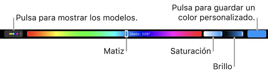 La Touch Bar mostrando los reguladores de matiz, saturación y brillo para el modelo HSB. En el extremo izquierdo hay un botón para mostrar todos los perfiles, a la derecha, el botón para guardar un color personalizado.