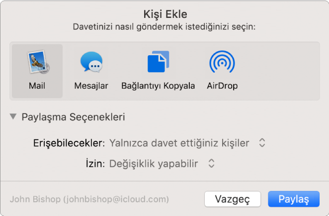 Davette bulunmak için kullanabileceğiniz uygulamaları ve belge paylaşmaya yönelik seçenekleri gösteren Kişi Ekle penceresi.