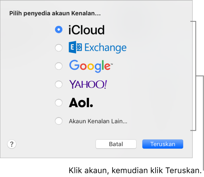 Tetingkap untuk menambah akaun Internet ke app Kenalan.