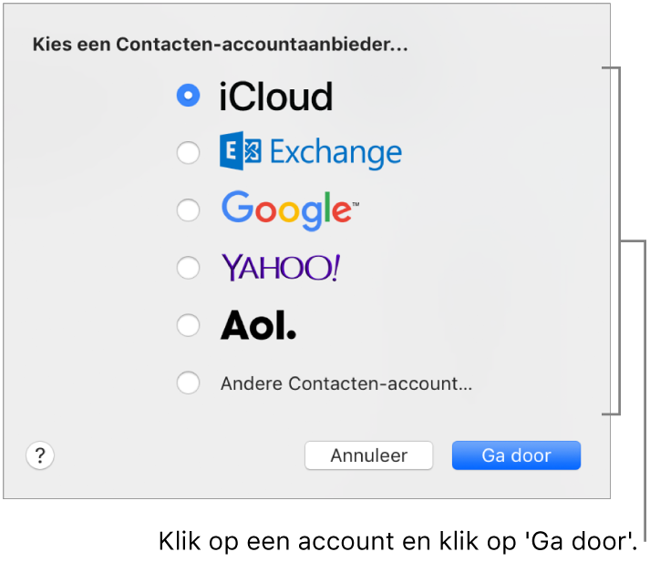 Het venster voor het toevoegen van internetaccounts aan het programma Contacten.