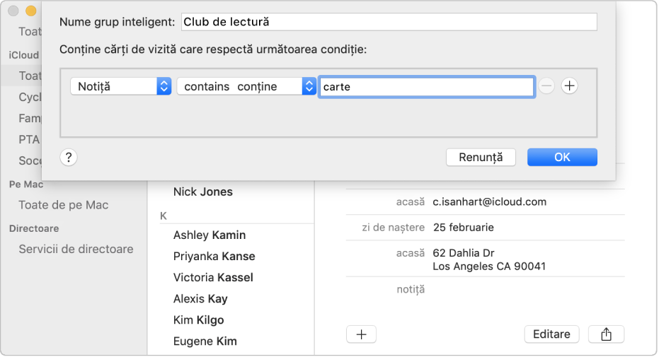 Fereastră pentru adăugarea unui grup inteligent, cu un grup denumit “Club de lectură” care include contactele care au cuvântul “carte” în câmpul Notiță.