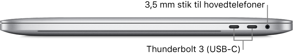 Højre side af en MacBook Pro med billedforklaringer til de to Thunderbolt 3-porte (USB-C) og 3,5 mm stikket til hovedtelefoner.