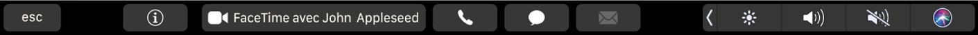 Touch Bar de FaceTime affichant des boutons pour obtenir des informations sur un contact, passer un appel vidéo ou audio, et envoyer un message ou un e-mail.