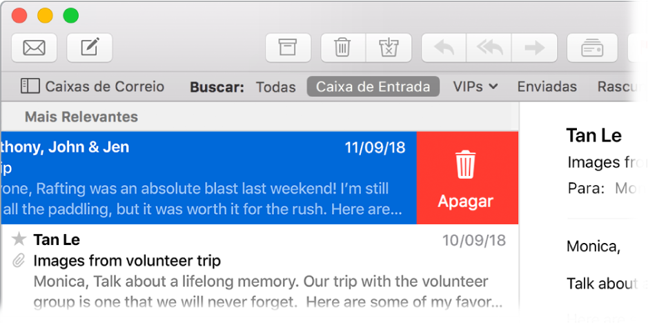Janela do Mail mostrando uma mensagem onde o dedo foi passado, pronta para ser apagada.