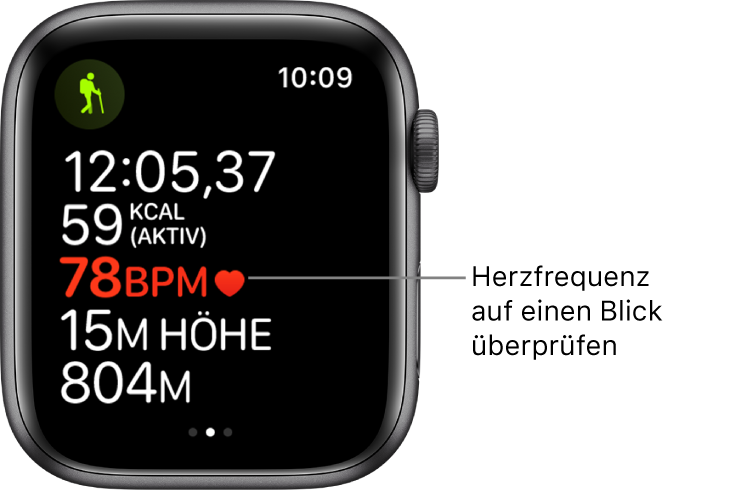 Ein Bildschirm mit Trainingsdaten, einschließlich verstrichener Zeit und Herzfrequenz. Die Beschriftung lautet beispielsweise „Herzfrequenz auf einen Blick überprüfen“.