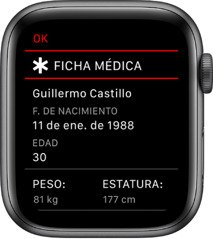 Pantalla de la ficha médica mostrando el nombre, fecha de nacimiento, año, edad y peso de un usuario.