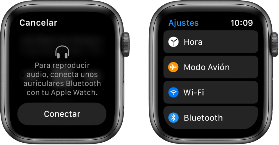 Si cambias al Apple Watch como dispositivo fuente de música antes de enlazar los altavoces o auriculares Bluetooth, aparecerá el botón Conectar cerca de la parte inferior de la pantalla, que permite acceder a los ajustes de Bluetooth del Apple Watch, donde puedes añadir un dispositivo de audio.