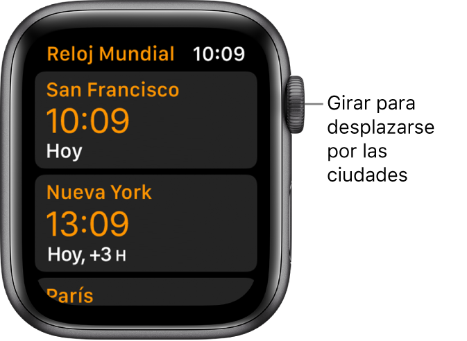 La app Reloj Mundial con una lista de ciudades y la barra de desplazamiento.