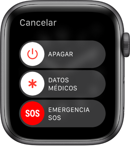 Pantalla del Apple Watch con tres reguladores: Apagar, “Datos médicos” y “Emergencia SOS”. Arrastra el regulador Apagar para apagar el Apple Watch.
