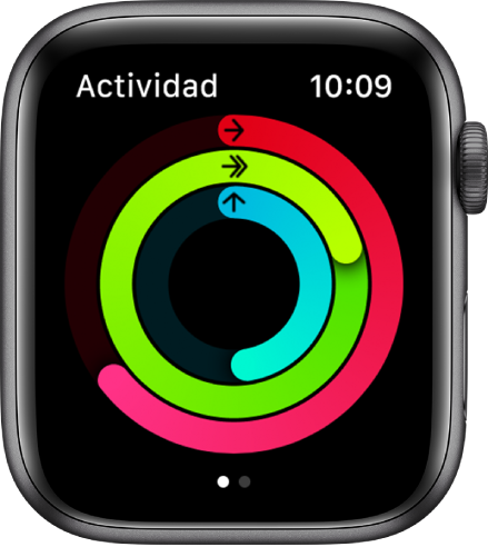 La pantalla Actividad, con los anillos Movimiento, Ejercicio y “De pie”.