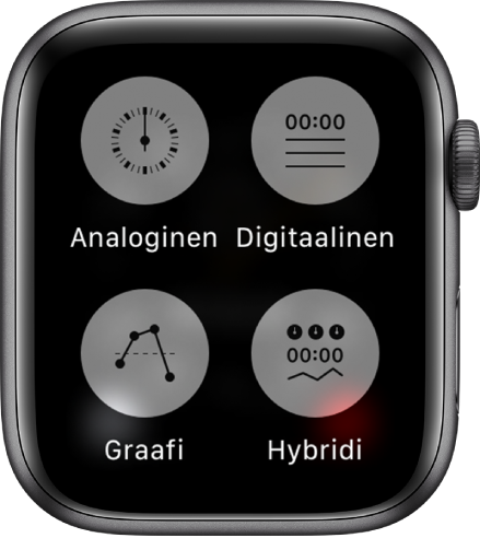 Kun Ajanotto-appi on avoinna ja näyttöä painetaan, näytöllä on neljä painiketta, joilla voit määrittää muodon: Analoginen, Digitaalinen, Graafi tai Hybridi.