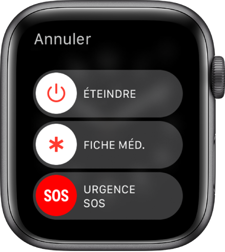 Apple Watch affichant trois curseurs : Éteindre, Fiche méd. et Urgence SOS. Faites glisser le curseur Éteindre pour éteindre l’Apple Watch.