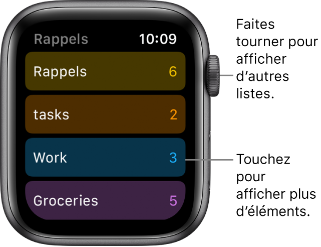 L’écran Rappels affichant une liste de rappels, notamment Rappels, Tâches, Travail et Supermarché. Touchez une liste pour en afficher les éléments, ou faites tourner la couronne Digital Crown pour afficher plus de listes.