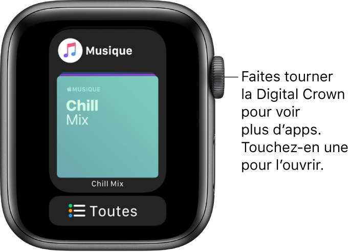 Dock montrant l’app Musique avec un bouton Toutes les apps en dessous. Faites tourner la Digital Crown pour voir plus d’apps. Touchez-en une pour l’ouvrir.