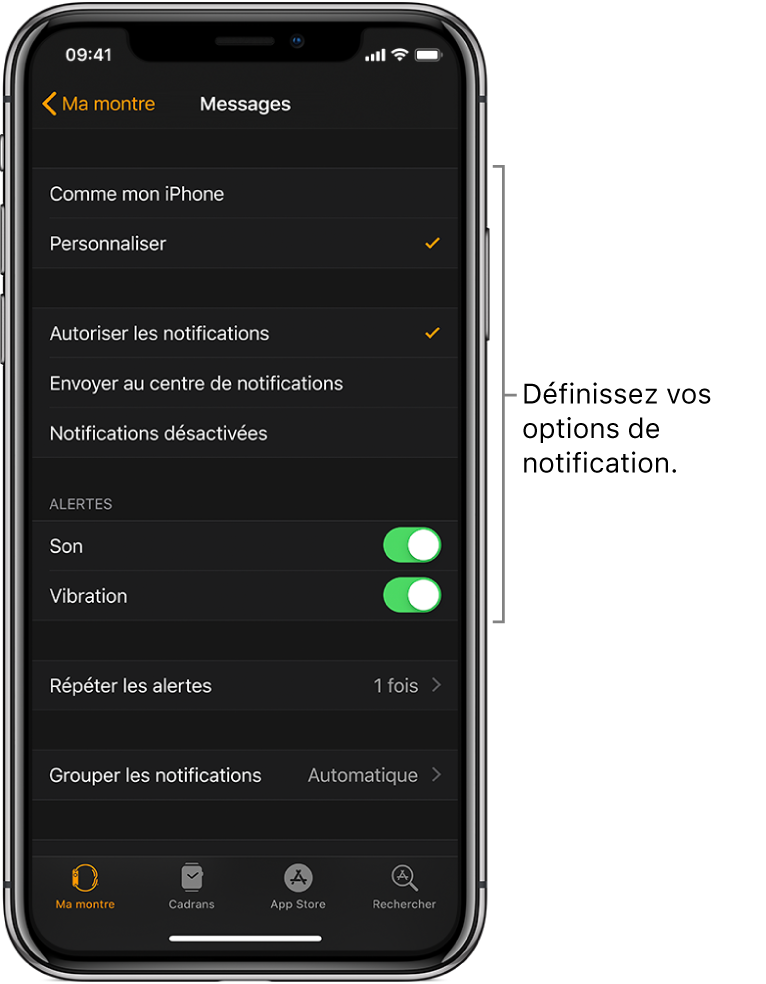 Réglages Messages dans l’app Apple Watch sur l’iPhone. Vous pouvez choisir d’afficher ou non les alertes, activer le son et les vibrations, et répéter les alertes.