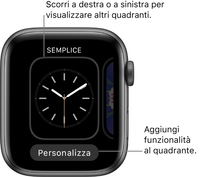 Quando premi con decisione il quadrante, visualizzi quello attuale con il pulsante Personalizza in basso. Scorri verso destra o verso sinistra per vedere le altre opzioni. Tocca Personalizza per aggiungere le funzionalità che desideri.