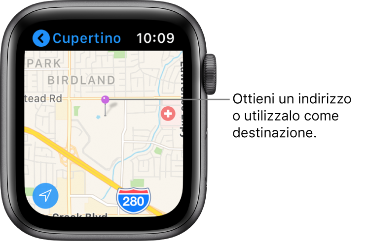 L’app Mappe mostra una mappa con sopra un contrassegno viola, che può essere usato per ottenere un indirizzo approssimativo di un’area sulla mappa o come destinazione per le indicazioni.