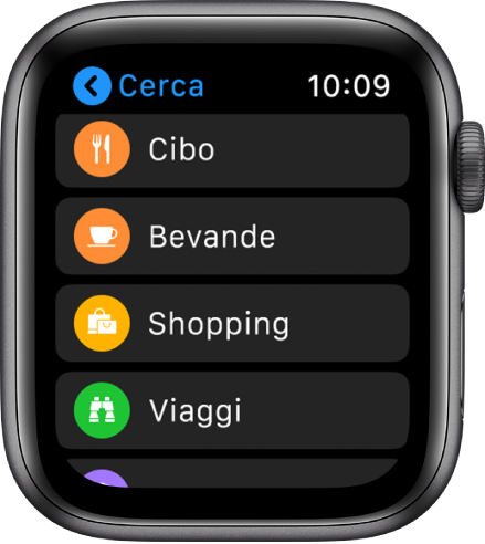 L’app Mappe che mostra un elenco di categorie: Cibo, Bevande, Shopping, Viaggi e altro ancora.