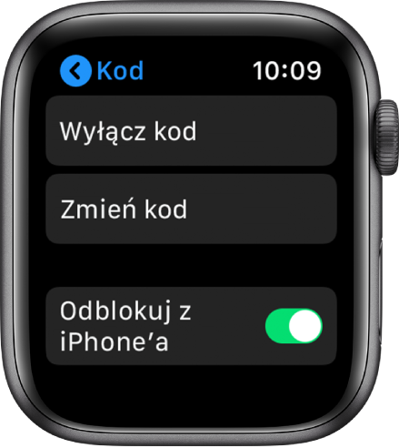 Ustawienia kodu na Apple Watch. Na górze widoczny jest przycisk Włącz kod, poniżej znajduje się przycisk Zmień kod, a na dole umieszczony jest przycisk Odblokuj z iPhone'a.