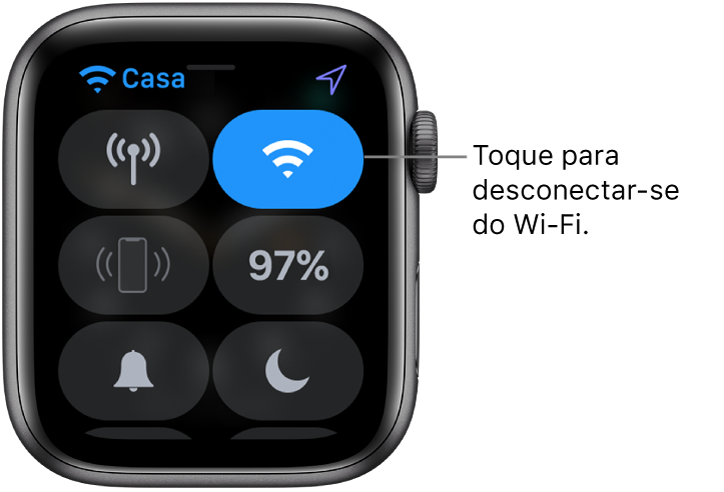 Central de Controle no Apple Watch (GPS + Cellular), com o botão Wi‑Fi na parte superior direita. Na chamada, lê-se “Toque para desconectar-se do Wi‑Fi”.
