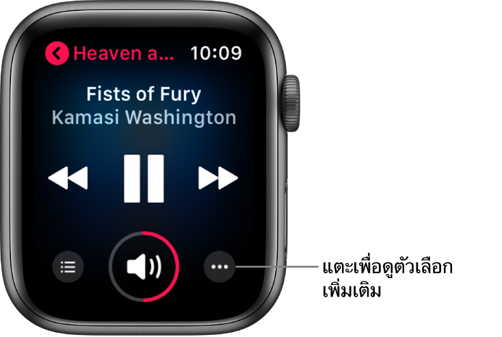 หน้าจอกำลังเล่นอยู่ ซึ่งแสดงแถบควบคุมเล่นและปรับเสียง ชื่อเพลงและศิลปินอยู่ด้านบนแถบควบคุม และทางซ้ายด้านบนสุดคือชื่ออัลบั้ม