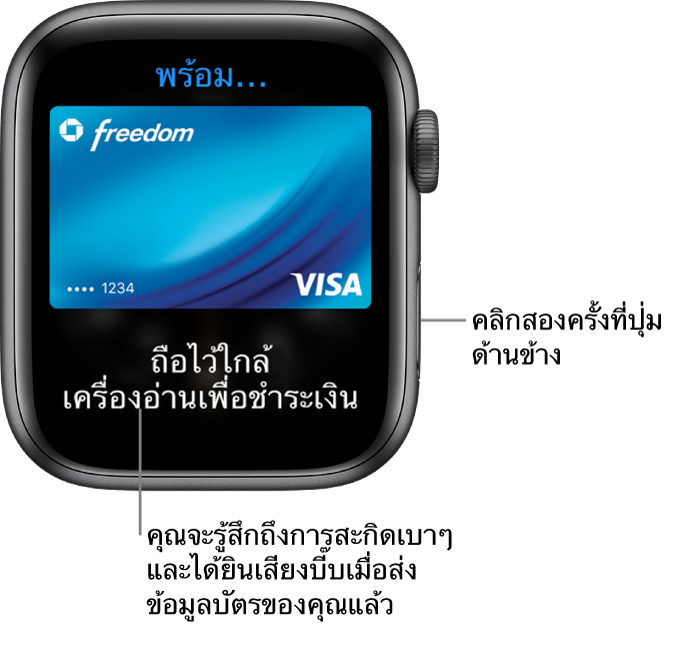 หน้าจอ Apple Pay ที่มีคำว่า "พร้อมแล้ว" อยู่ที่ด้านบนสุด และ "ถือใกล้เครื่องอ่านเพื่อชำระเงิน" อยู่ที่ด้านล่างสุด คุณจะรู้สึกถึงการสะกิดเบาๆ และได้ยินเสียงบี๊บเมื่อได้ส่งข้อมูลของบัตรไปแล้ว