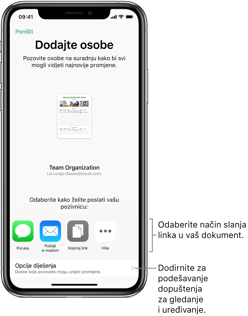 Zaslon za pozivanje osoba za pregled i uređivanje vaše datoteke. Načini slanja pozivnica uključuju Poruku i Mail. Opcije dijeljenja pojavljuju se ispod njih.