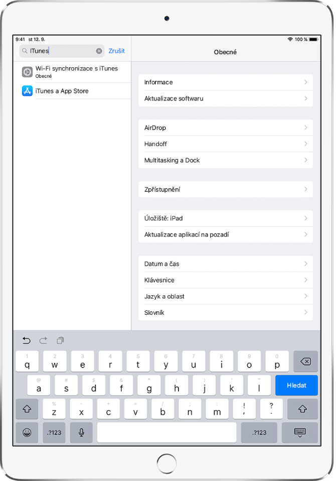 Obrazovka hledání v nastavení s vyhledávacím polem vlevo nahoře. Vyhledávací pole obsahuje hledaný řetězec „iTunes“ a pod ním se zobrazují dvě nalezené položky nastavení.