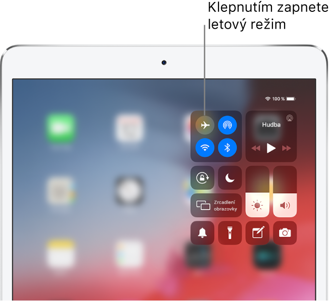 Část Ovládacího centra se znázorněním zapnutí letového režimu klepnutím na tlačítko vlevo nahoře