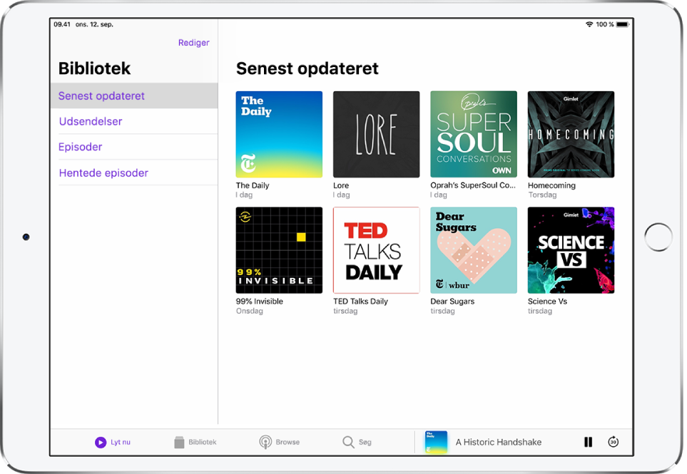 Fanen Bibliotek, der viser podcasts, som er opdateret for nylig.